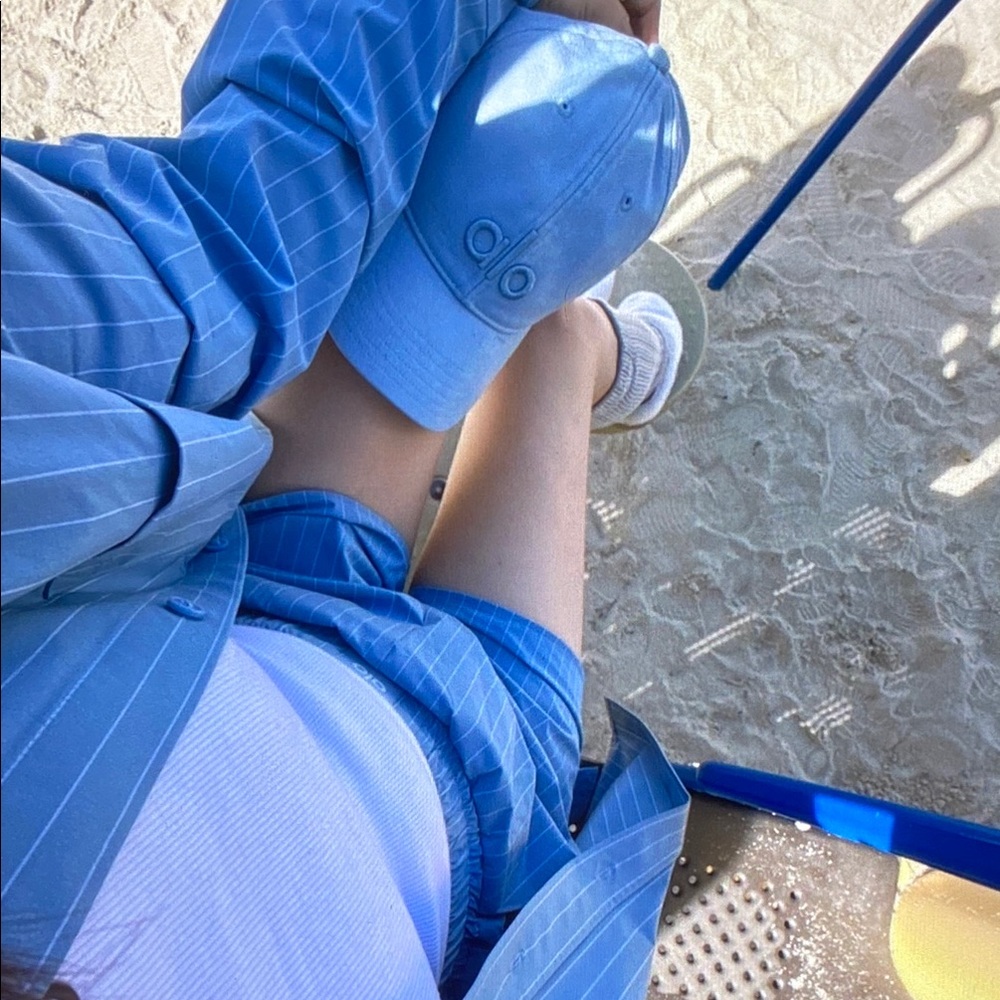 ALO Yoga Blue Pinstripe Button-Up with White Ribbed Tank - Picture 6 of 7